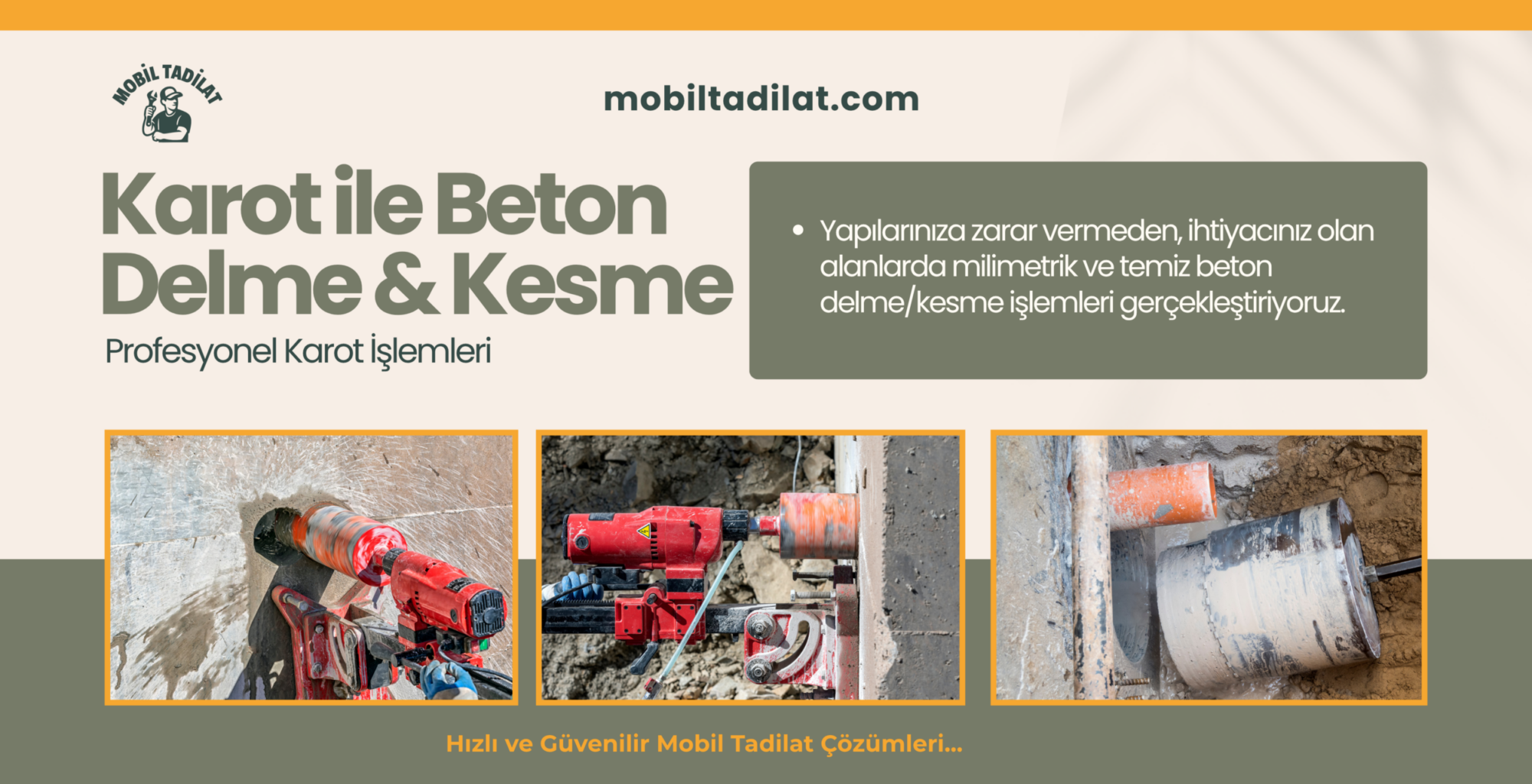 Mutfak, Dış Cephe, Çatı ve Balkon Karot Hizmetleri, Beton Delme ve Kesme, Duvar Kesme ve Çit Alanı Kesme İşleri.